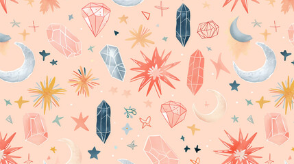 Seamless boho celestial pattern with crystals, crescent moons, and stars on pastel pink background