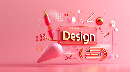 3D pink-themed creative workspace with design tools, computer and art objects