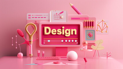 3D pink-themed creative workspace with design tools, computer and art objects