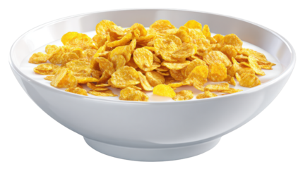 Bowl of Corn Flakes Cereal with Milk isolated on a transparent background