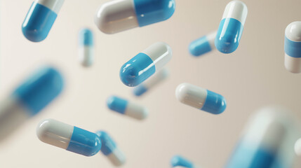 Floating blue and white medical capsules in minimal clean pharmaceutical background