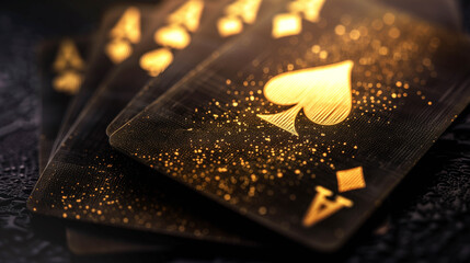 Elegant black playing cards with golden accents arranged in a stylish fan layout