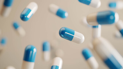 Floating blue and white medical capsules in minimal clean pharmaceutical background