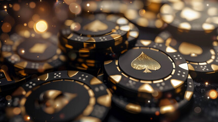 Luxurious black and gold casino chips stacked with glowing bokeh light effects