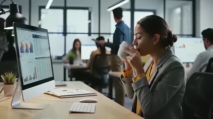 A woman intensely analyzes data, surrounded by computer equipment and steaming coffee, capturing the concept of data driven decision making, perfect for illustrating articles about market.