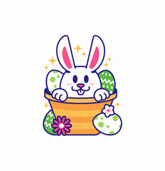 White bunny peeks out of a bright yellow basket surrounded by decorated green Easter eggs, sparkling, flowers in cartoon illustration vector style for holiday cards, merchandise, seasonal decorations
