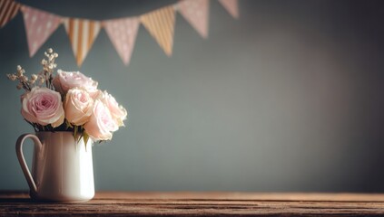 Delicate pink roses in a white pitcher on a wooden surface.