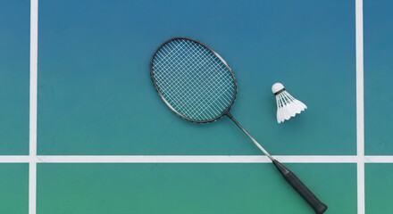 Professional 3D render of a badminton racket and shuttlecock on a vibrant blue-green court, viewed from top with ample copy space for banners.