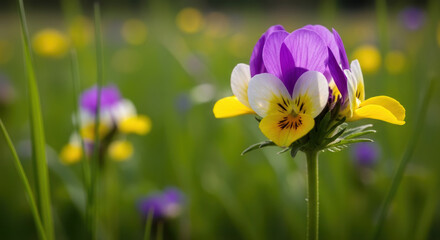 Stunning Close-Up of a Vibrant Purple, White, and Yellow Wildflower Blooming in a Soft Focus Green Field.