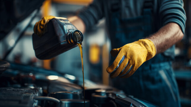 Mechanic pouring engine oil into car engine.