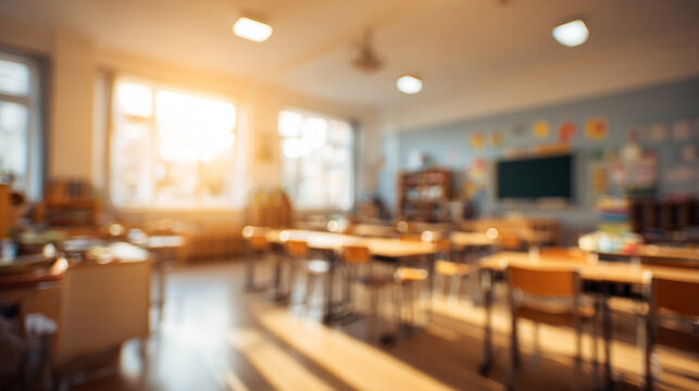 Abstract blurred image of a bright primary school classroom with rows of wooden desks and chairs, morning sunlight streaming through.