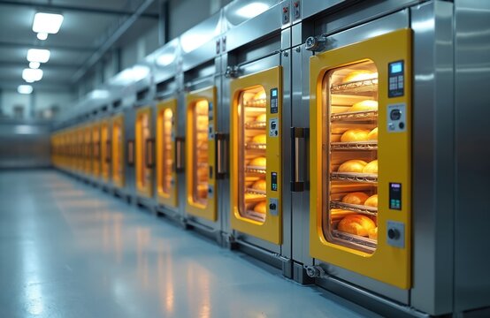 Long row of modern commercial ovens bakes fresh bread loaves daily. Food production facility uses large industrial bakery equipment. Many golden round loaves cook inside hot steel ovens with bright