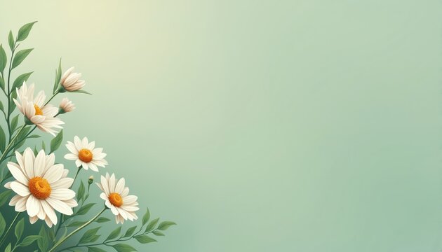 Gentle white daisies with green leaves border a soft pastel background. This floral graphic is perfect for spring or summer themes invitations greeting cards event decor.