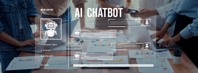 Diverse team collaborates around an AI chatbot interface, using digital tools and data charts to enhance communication and streamline business solutions effectively. Trope
