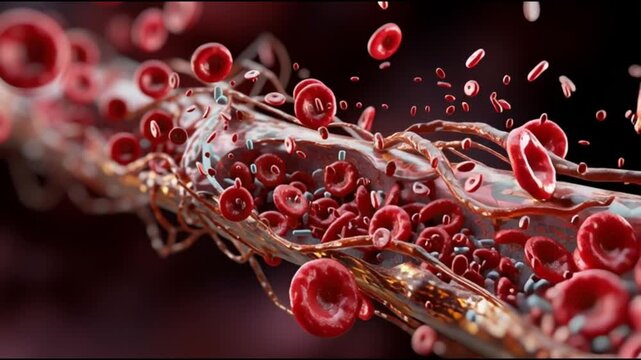 Atherosclerosis  plaque buildup. Artery blockage. Cholesterol cardiovascular. Vascular disease circulation. Detailed illustration of blood flow and cells in a blood vessel.