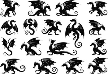 Black dragon silhouettes, fantasy creature icons, mythical beast designs, flying reptile shapes, monster poses, winged lizard art, vector illustration set