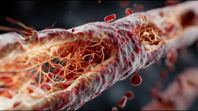 Atherosclerosis  plaque buildup. Artery blockage. Cholesterol cardiovascular. Vascular disease circulation. Detailed view of an artery showing plaque buildup and blood circulation.
