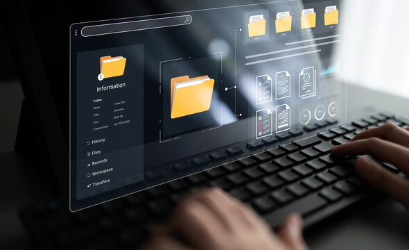 A user interface for a document management system. The dashboard provides file organization, a project workspace, and data analytics for corporate information management. Fermion - Powered by Adobe