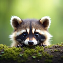 Curious raccoon peeks over mossy log. Small furry mammal with mask like face looks intently with big eyes. Wildlife creature in forest setting. Young animal curiosity. Adorable wild nature.