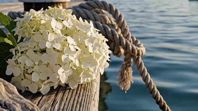 white hydrangea flowers - A serene waterside scene featuring white hydrangeas resting on weathered wood alongside a coiled rope, with gentle waves reflecting sunlight in the background
