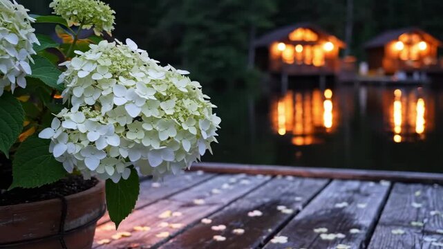 white hydrangea flowers - A serene lakeside scene featuring a vibrant hydrangea plant in full bloom, with twinkling lights reflecting off the water from charming cabins in the background