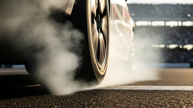 Dramatic close up of a car tire performing a burnout creating smoke