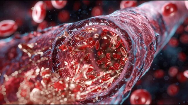 Atherosclerosis  plaque buildup. Artery blockage. Cholesterol cardiovascular. Vascular disease circulation. A close-up view of arterial blockage with blood cells.