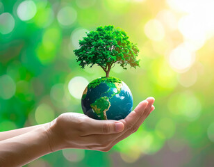 Human Hand Holding Earth Globe with Tree for Climate Action, Sustainability, and Eco Awareness Design
