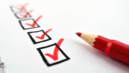 Red pencil marks items completed on checklist. Close-up of paper with checked boxes and pen tip. Represents finishing tasks, planning, and organization success.