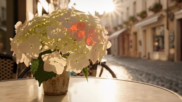 white hydrangea flowers - A delicate white flower arrangement sits elegantly on a round table, capturing sunlight in a charming cobblestone street, evoking a serene atmosphere
