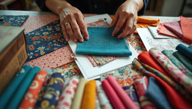 Designer selects blue fabric from colorful textiles, sketches for new apparel creation. Woman works with materials choosing samples for fashion project. Hands hold textile swatches for garment design.