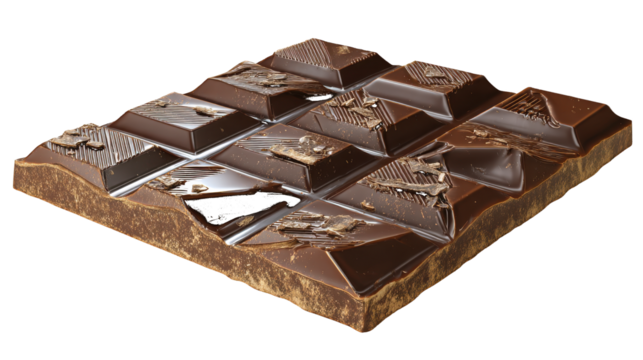 Large dark chocolate bar with broken segments graphic isolated on a transparent background
