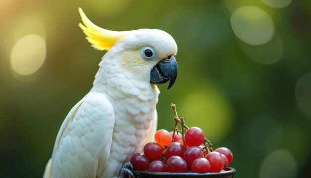 White cockatoo with yellow crest looks at red grapes in black bowl. Bird observes fresh fruit, ready to eat in garden. Exotic parrot enjoys tasty healthy snack outdoors in rich green nature, warm