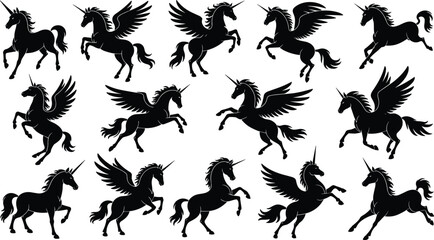 Fantasy unicorn silhouette set, flying pegasus unicorns, mythical horse poses, black vector creatures, magical animal grid, rearing, galloping, flying