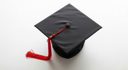 A classic black graduation cap with a striking red tassel resting on a clean white background, symbolizing academic achievement and future aspirations.
