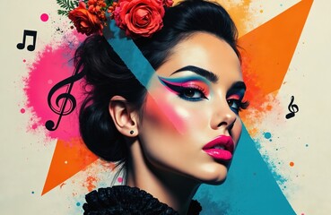 Stylized woman wears vibrant pop art makeup. Face bold pink lips, colorful eyeshadow. Red flowers adorn dark hair. Abstract background with paint splatters, geometric shapes, music notes. Image fuses