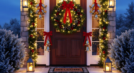 A beautifully decorated front door of a house for Christmas with a wreath, garlands, lights, and lanterns at dusk, creating a festive and welcoming ambiance.