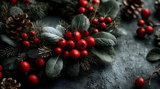 Christmas holiday frame with red berries, pine cones, and greenery on textured surface - Powered by Adobe