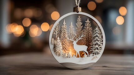 Round christmas ornament features a detailed forest and a white reindeer