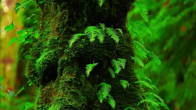 a video of an old growth Big Leaf Maple tree with moss and sword ferns in the Olympic National Park Washington state