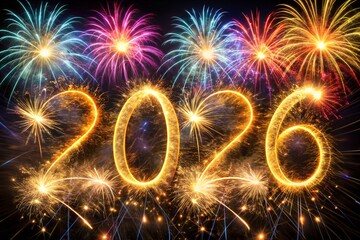 Illuminated 2026 Displayed in Fireworks Against Dark Sky Capturing Sense of Celebration and Anticipation for New Year and Future Events