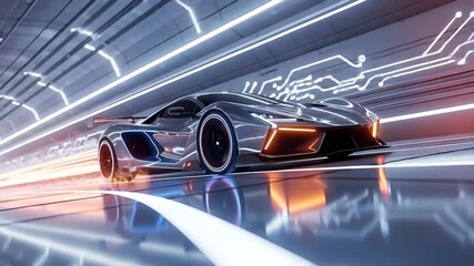 Futuristic electric race car speeding through a neon lit digital tunnel - Powered by Adobe