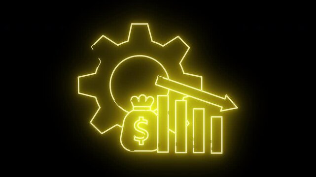 Yellow neon graphic gear moneybag downward arrow above a bar graph all outlined against a black backdrop