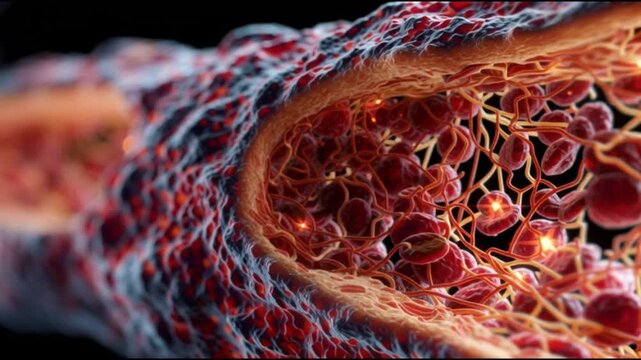 Atherosclerosis  plaque buildup. Artery blockage. Cholesterol cardiovascular. Vascular disease circulation. Close-up view of an artery with plaque buildup and blood flow details.