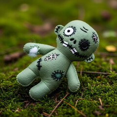 Macro plush toy zombie stitched wounds mossy forest floor