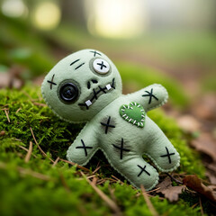 Macro plush toy zombie stitched wounds mossy forest floor