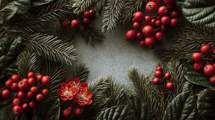 Elegant christmas border featuring evergreen branches, vibrant red berries, and decorative flowers for a festive holiday design