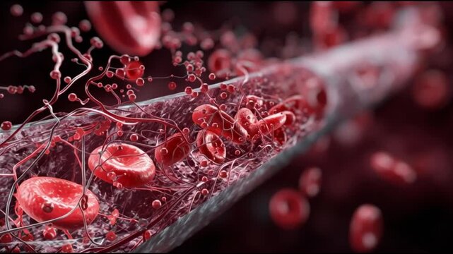 Atherosclerosis  plaque buildup. Artery blockage. Cholesterol cardiovascular. Vascular disease circulation. Close-up of blood vessels with cholesterol buildup and red blood cells.