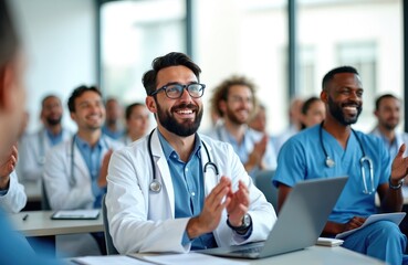 Doctors applaud at medical conference. Group listens presentation. Smiling physicians happy during training session. Diverse medical professionals in meeting. Healthcare experts attend conference.