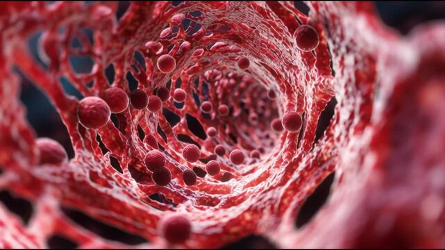 Atherosclerosis  plaque buildup. Artery blockage. Cholesterol cardiovascular. Vascular disease circulation. Close-up view of artery showcasing plaque and blood cells.